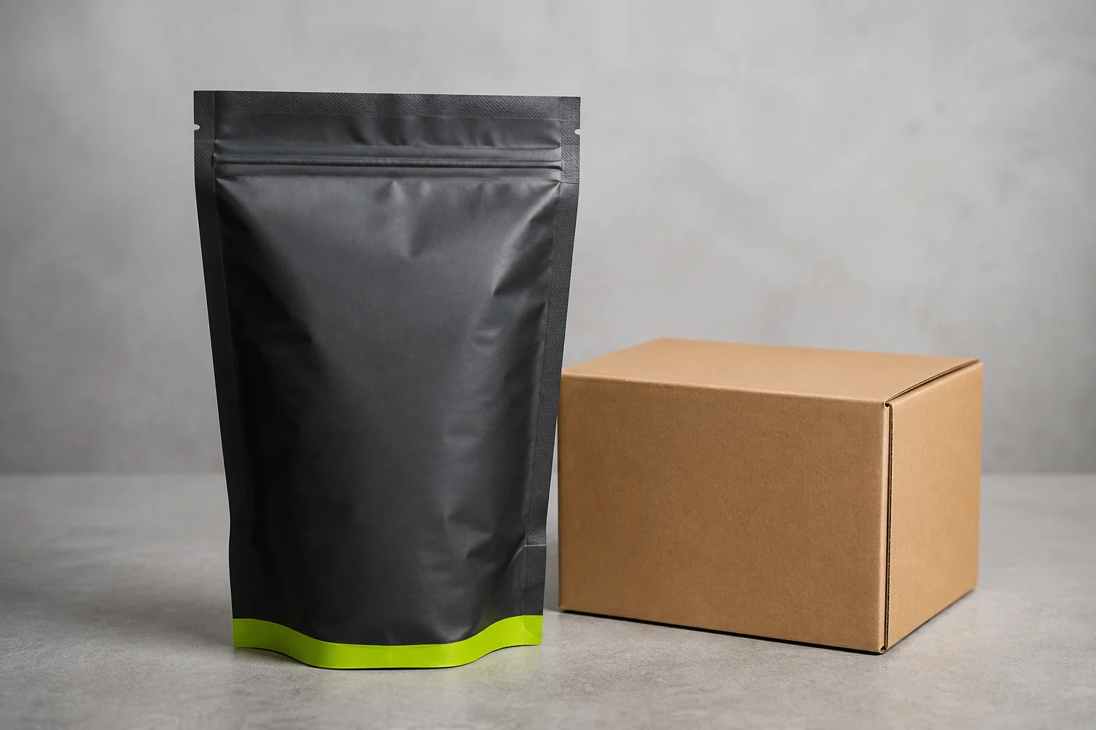 Inflated potato chip pouch beside a shipping carton during distribution review