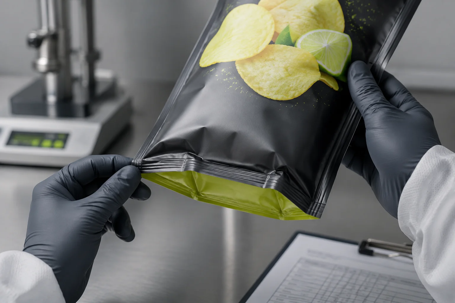 Potato chip pouch undergoing seal and crinkle integrity inspection