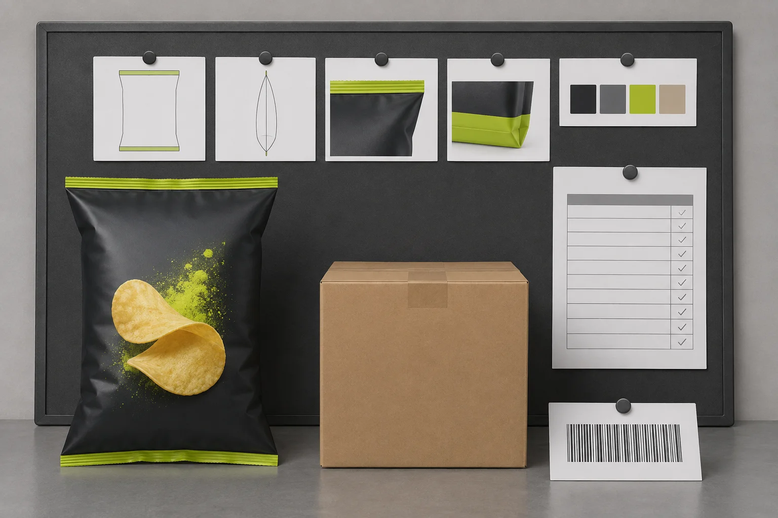 Potato chip pouch approval board with carton and specification checklist