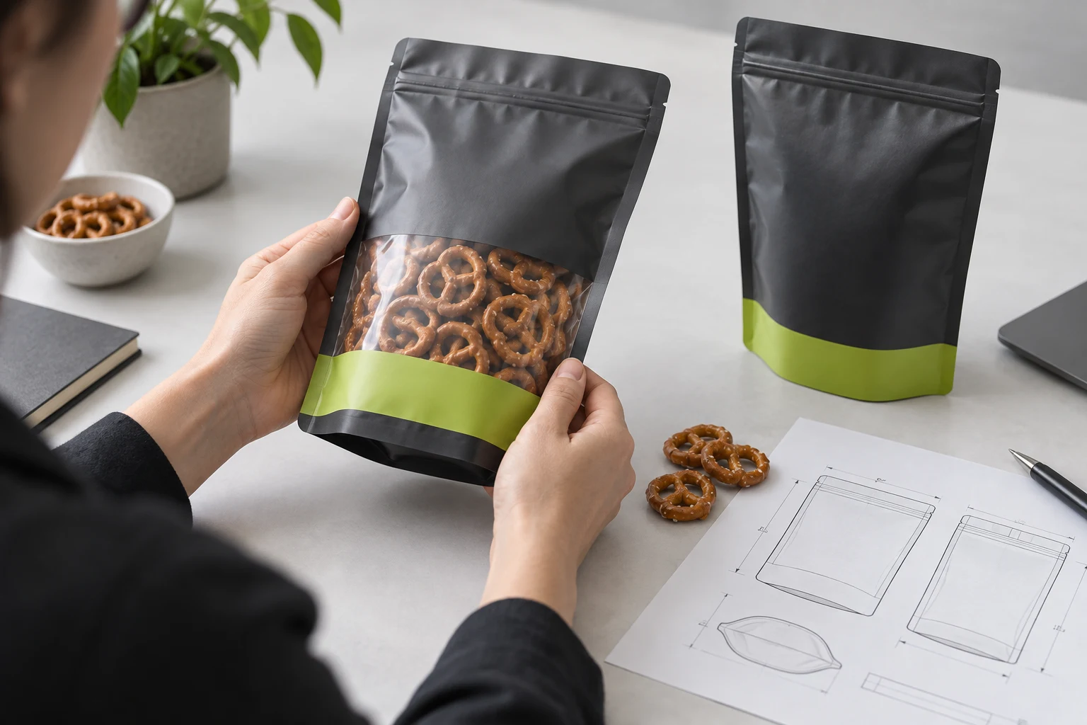 Packaging specialist reviewing filled pretzels pouch height and seal clearance