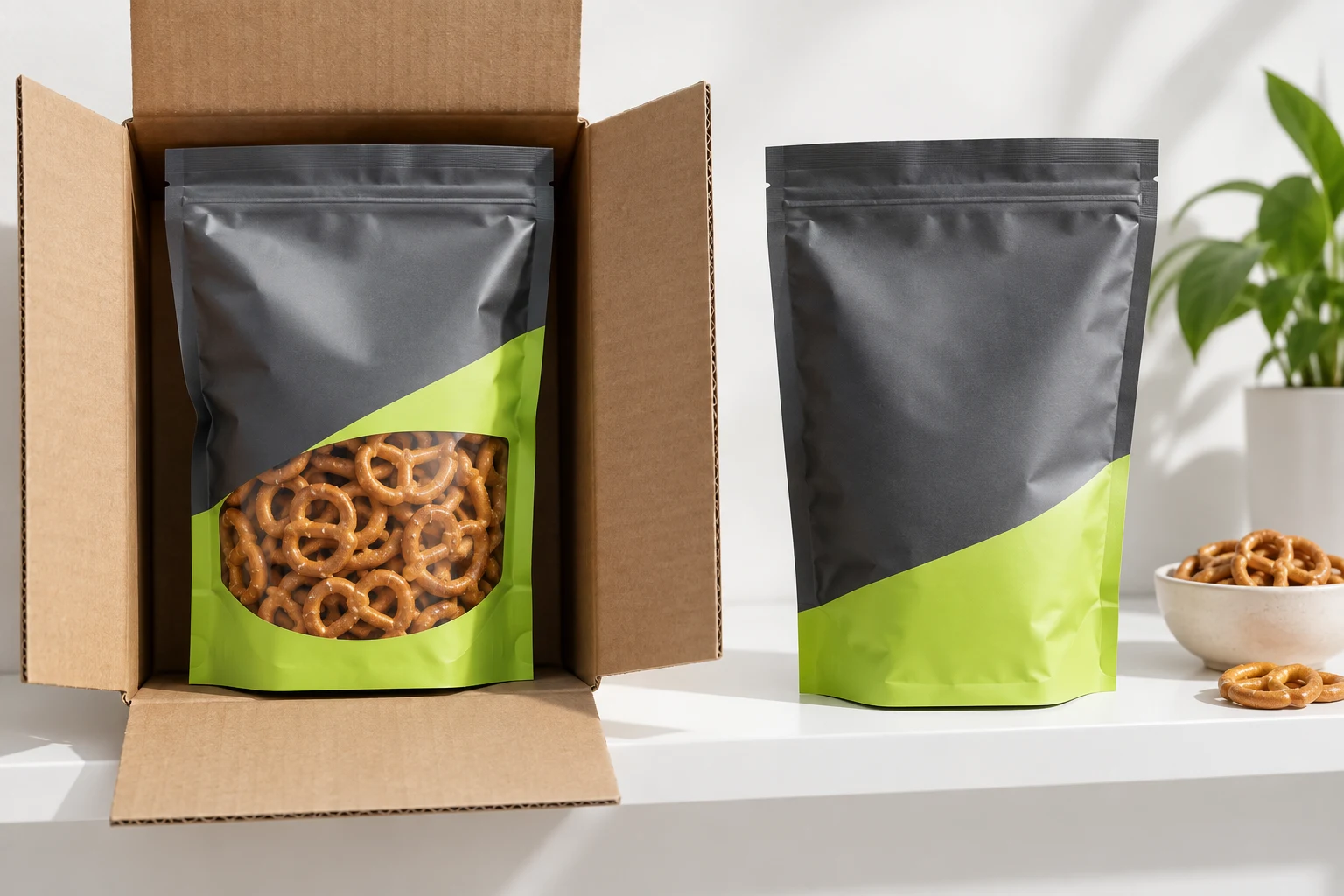 Filled conventional pretzels stand up pouch reviewed for shipping and display