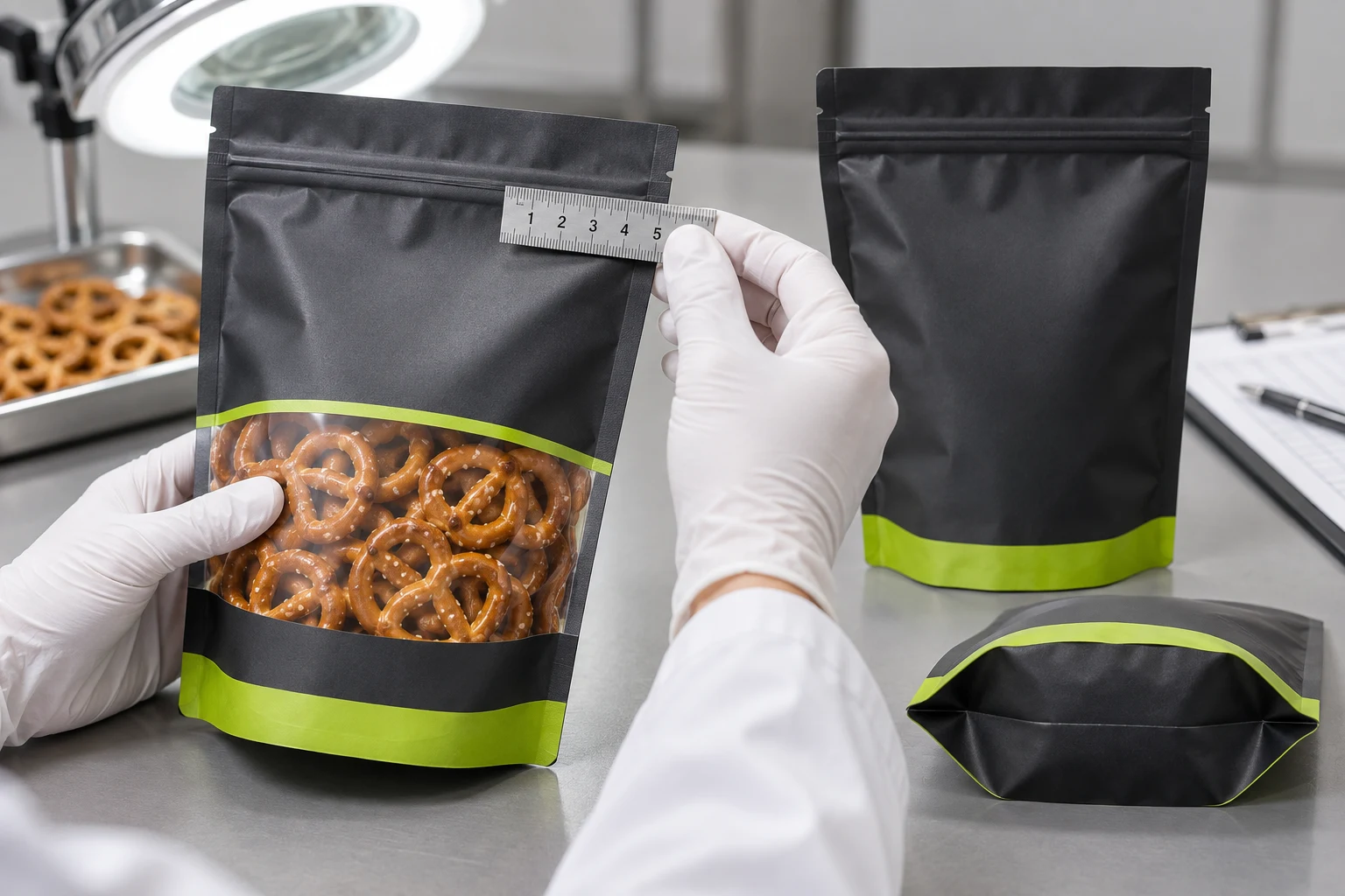 Close quality inspection of a conventional pretzels pouch zipper and clean top seal