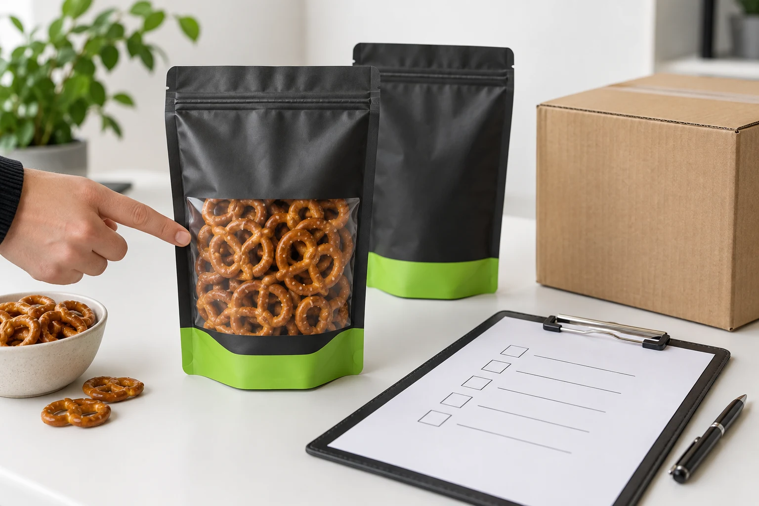 Filled pretzels pouch beside carton and controlled sample approval checklist