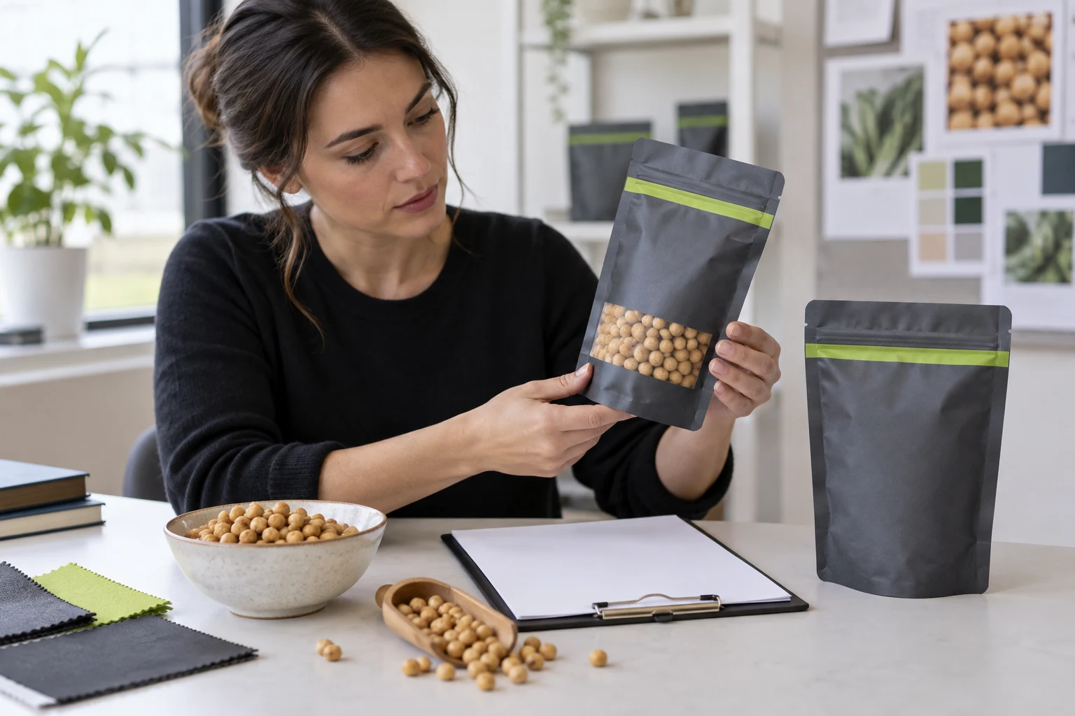 Packaging specialist reviewing filled roasted chickpeas pouch height and seal clearance