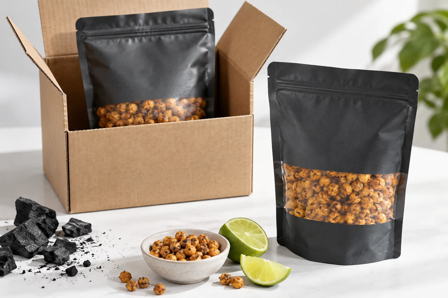 Filled conventional roasted chickpeas stand up pouch reviewed for shipping and display