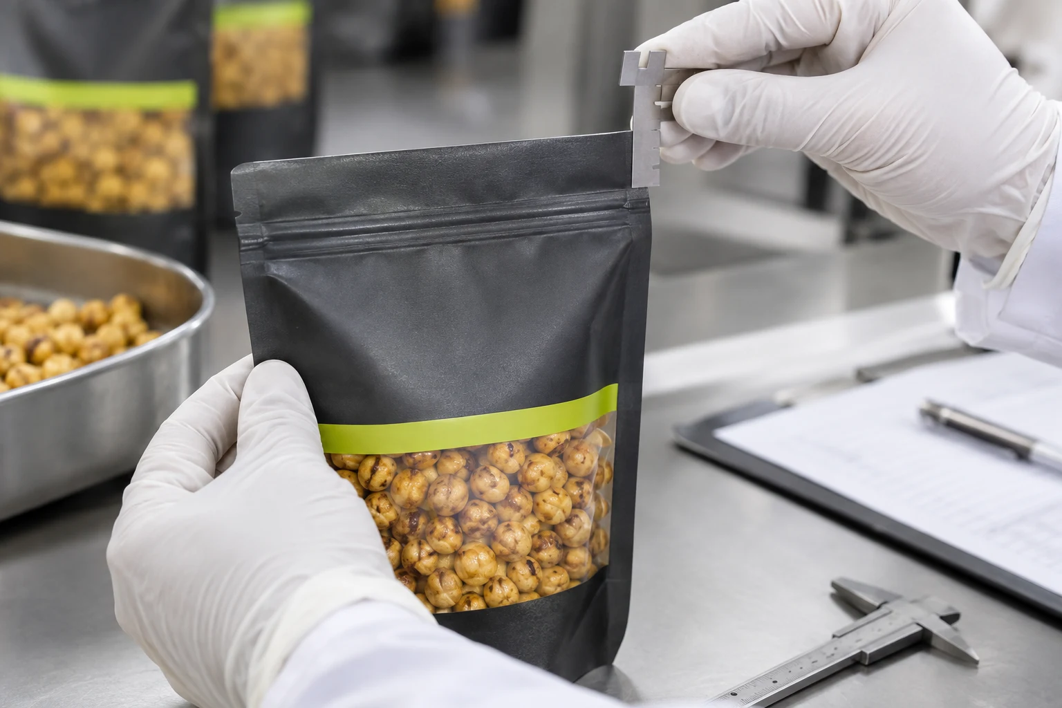 Close quality inspection of a conventional roasted chickpeas pouch zipper and clean top seal
