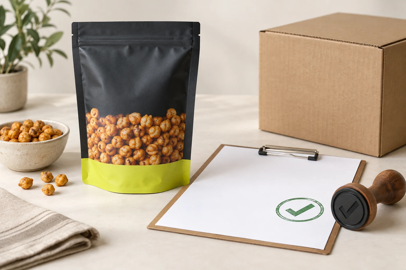 Filled roasted chickpeas pouch beside carton and controlled sample approval checklist