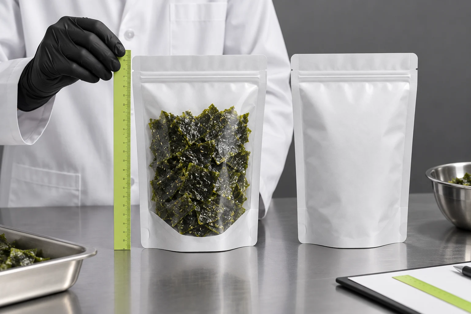 Packaging specialist reviewing filled seaweed snacks pouch height and seal clearance