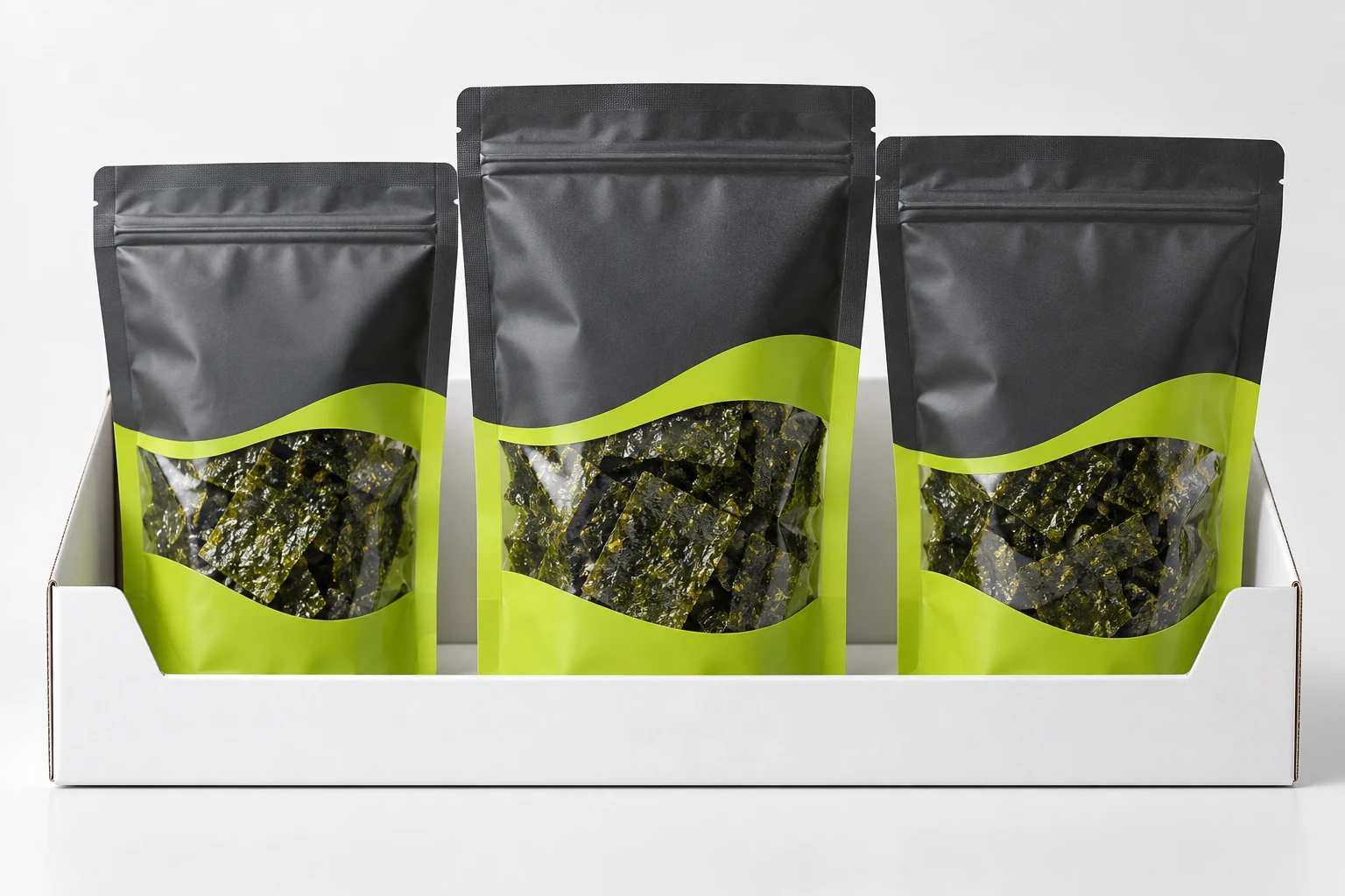Filled conventional seaweed snacks stand up pouch reviewed for shipping and display