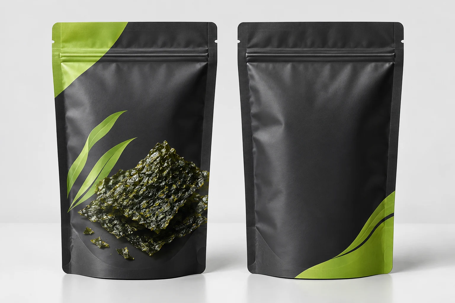 Close quality inspection of a conventional seaweed snacks pouch zipper and clean top seal