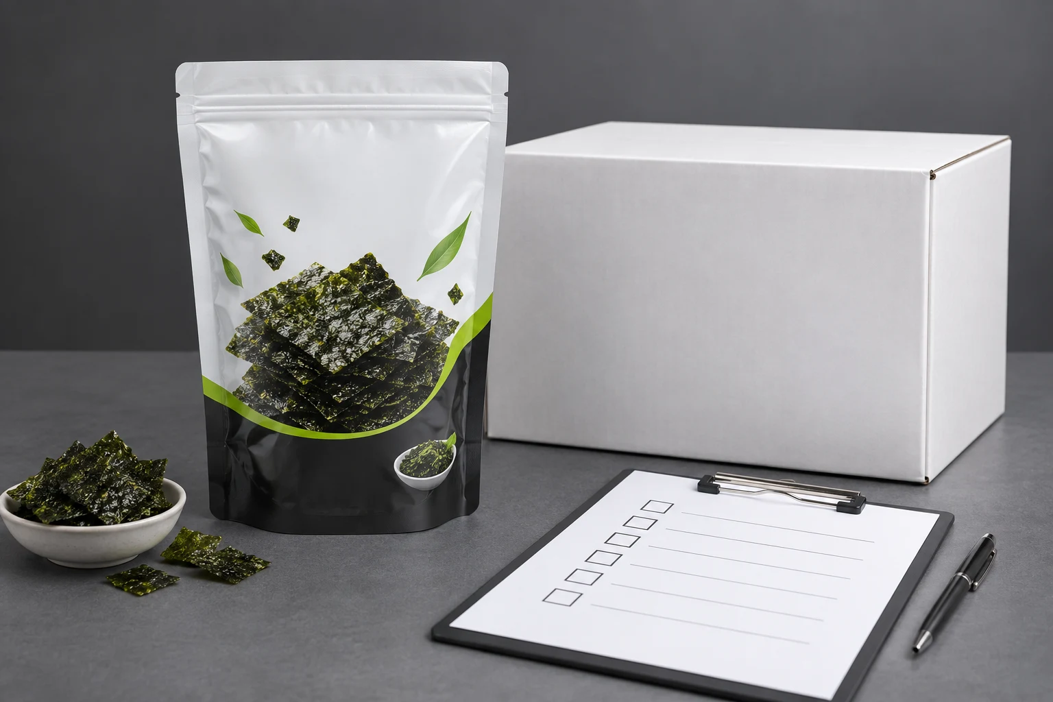 Filled seaweed snacks pouch beside carton and controlled sample approval checklist