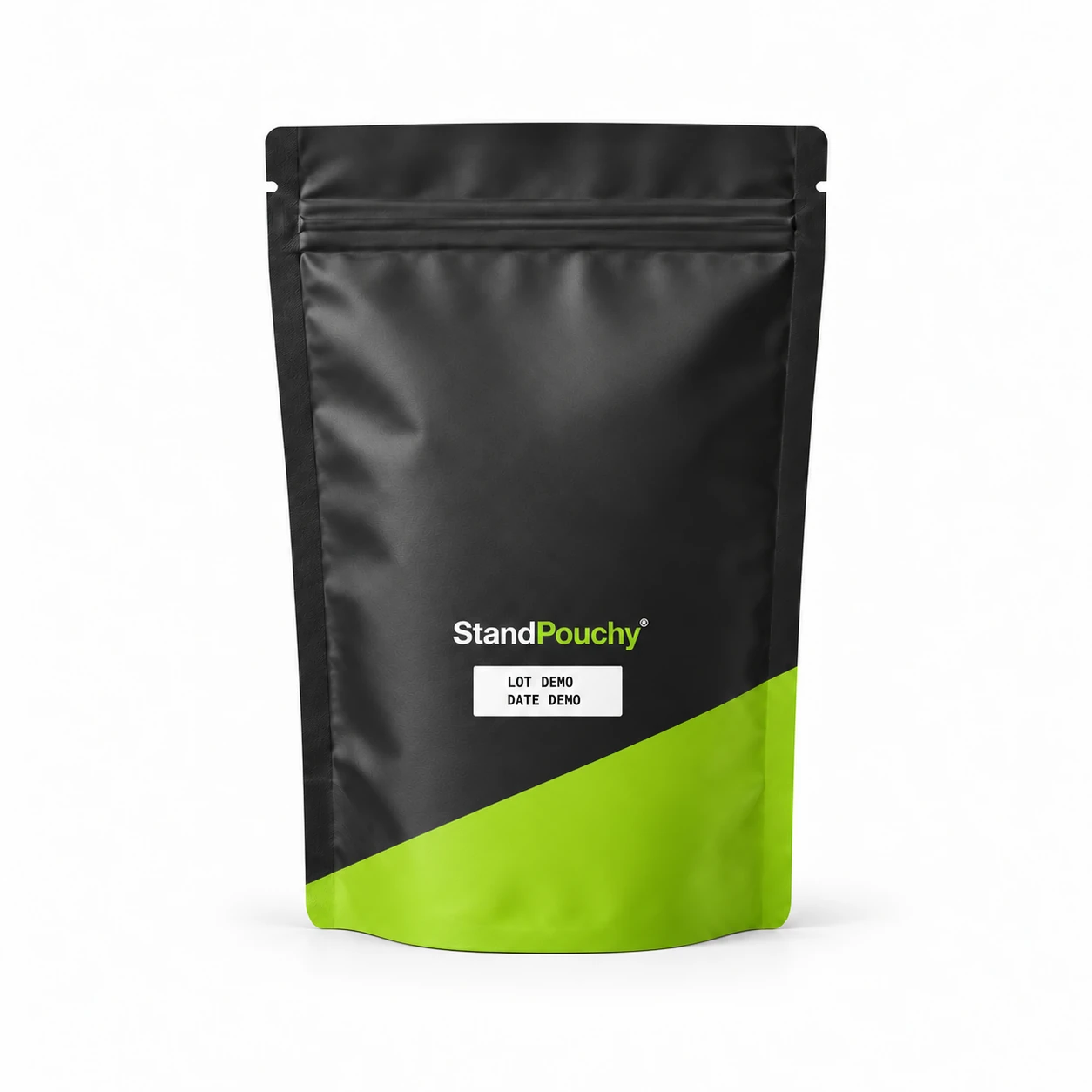 Rear of a charcoal and lime StandPouchy snack pouch with an illustrative lot and date reserve patch on white