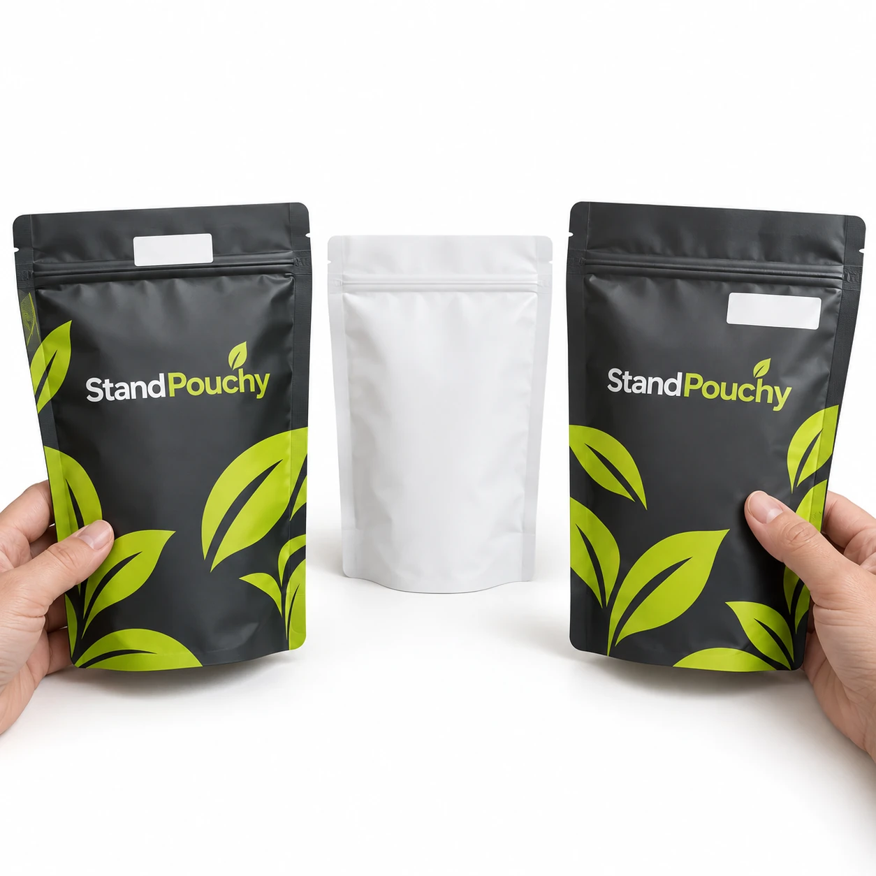 Hands comparing two charcoal and lime snack pouches with white code panels beside a plain white pouch