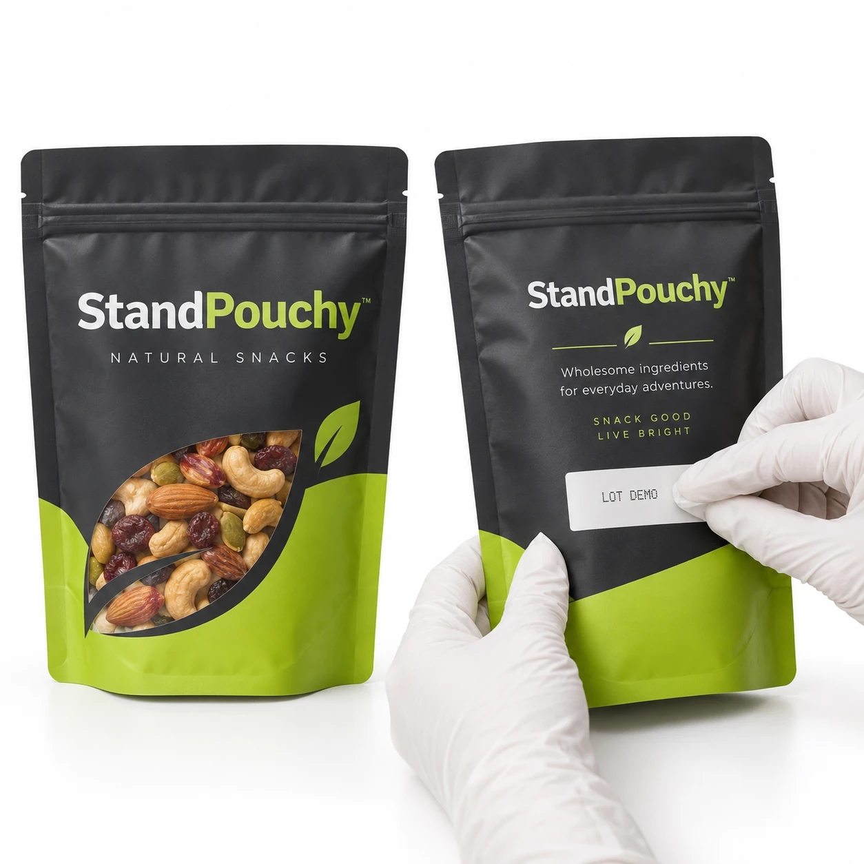 Gloved hands inspecting a LOT DEMO code on a white patch on the rear of a StandPouchy pouch