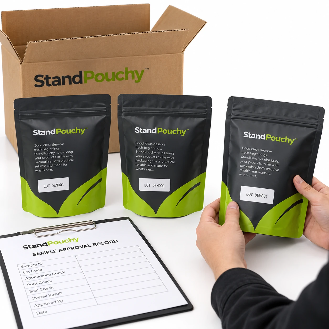 Rear-facing StandPouchy snack pouches with illustrative lot patches beside a case and approval record