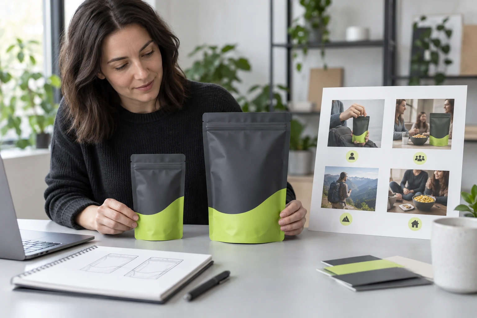 Packaging specialist reviewing filled single-serve and sharing snacks pouch height and seal clearance