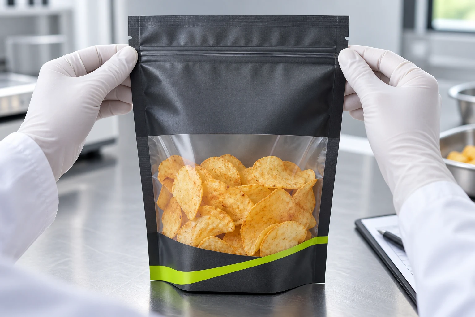 Close quality inspection of a conventional single-serve and sharing snacks pouch zipper and clean top seal