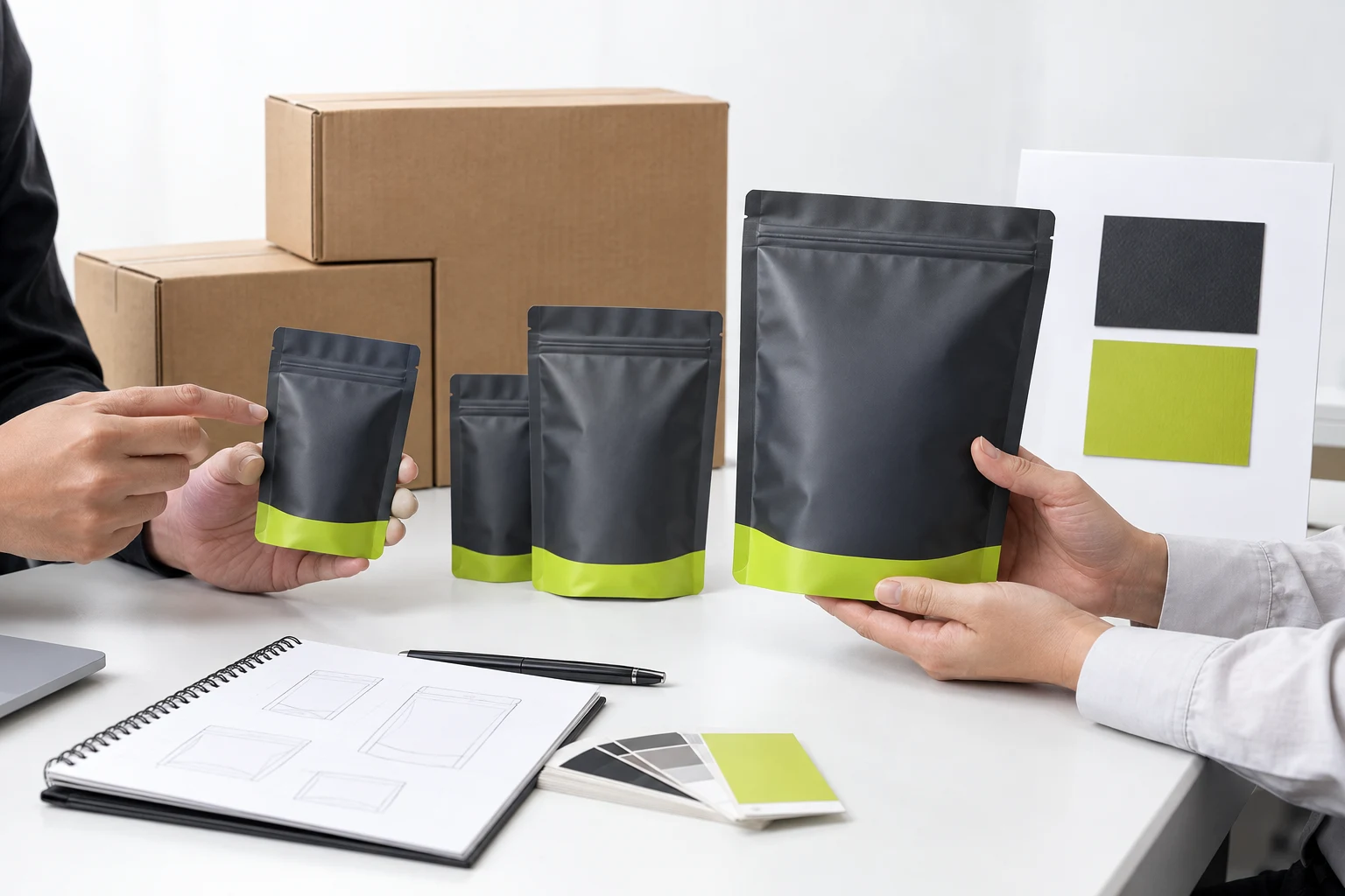 Filled single-serve and sharing snacks pouch beside carton and controlled sample approval checklist