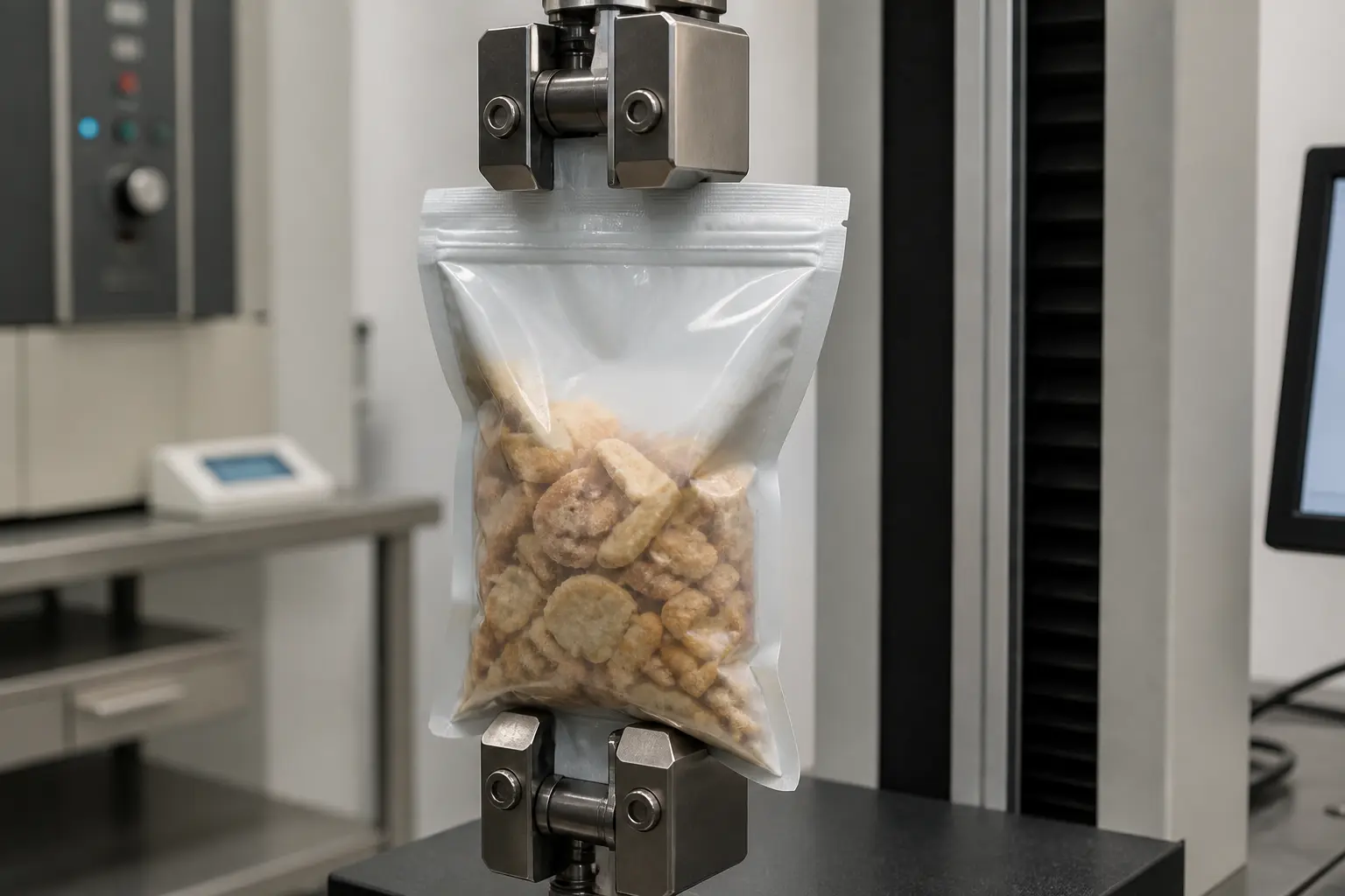 Close view of a stand up snack pouch heat seal held for quality testing