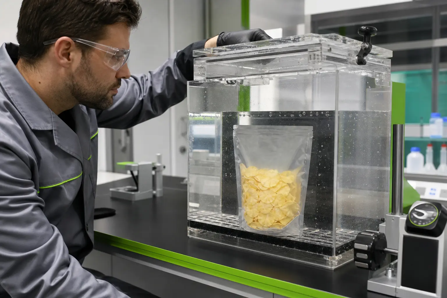 Technician inspecting a filled snack pouch in a controlled leak-test chamber