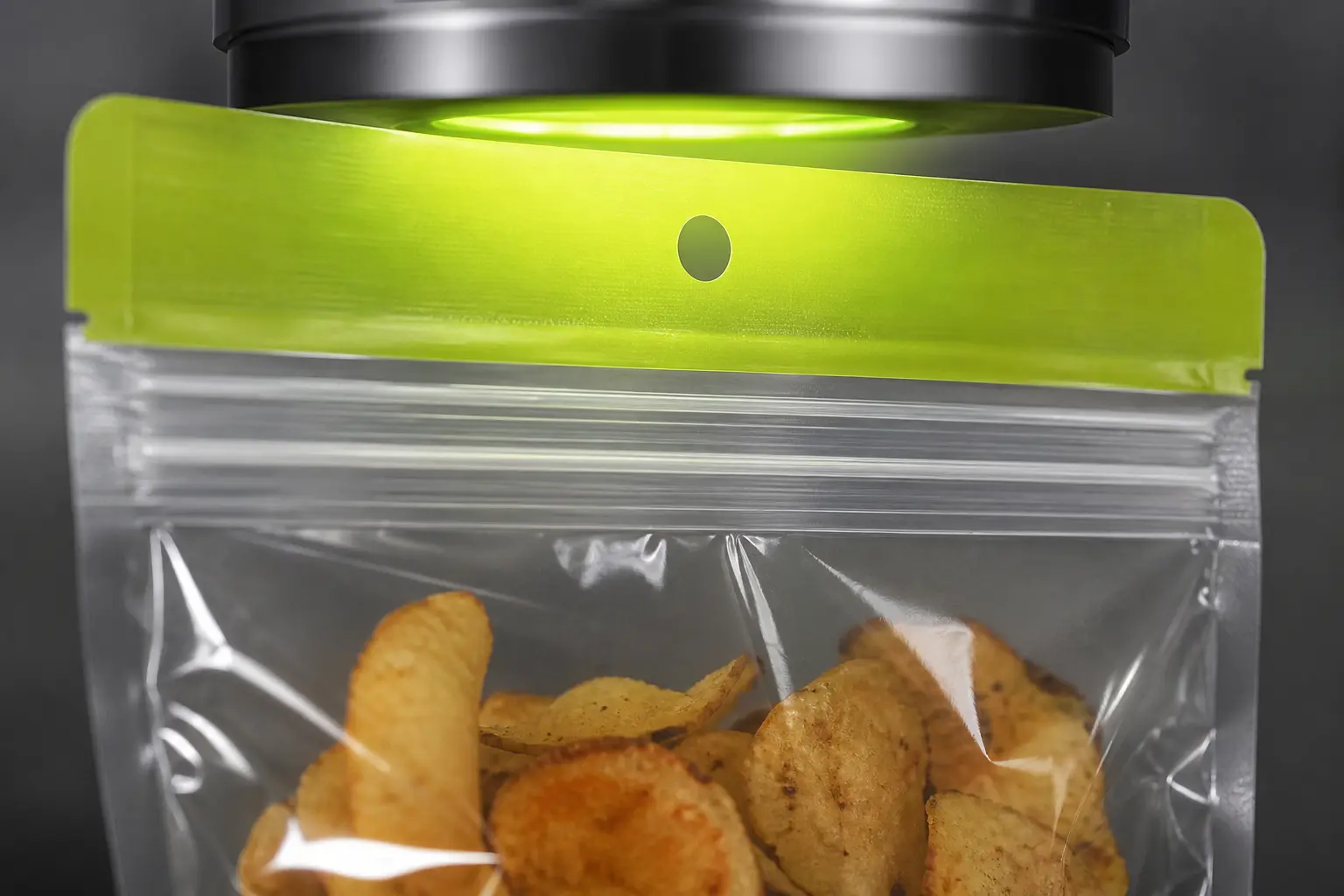 Macro inspection of the clean seal zone above a zipper on a snack pouch