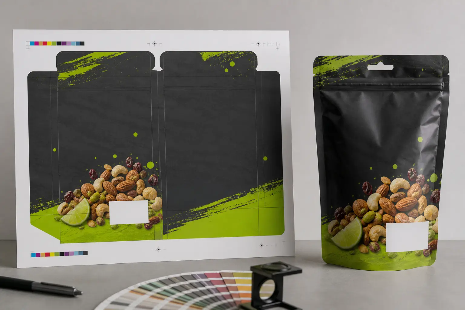 Snack pouch dieline and filled pouch reviewed for barcode safe-area placement