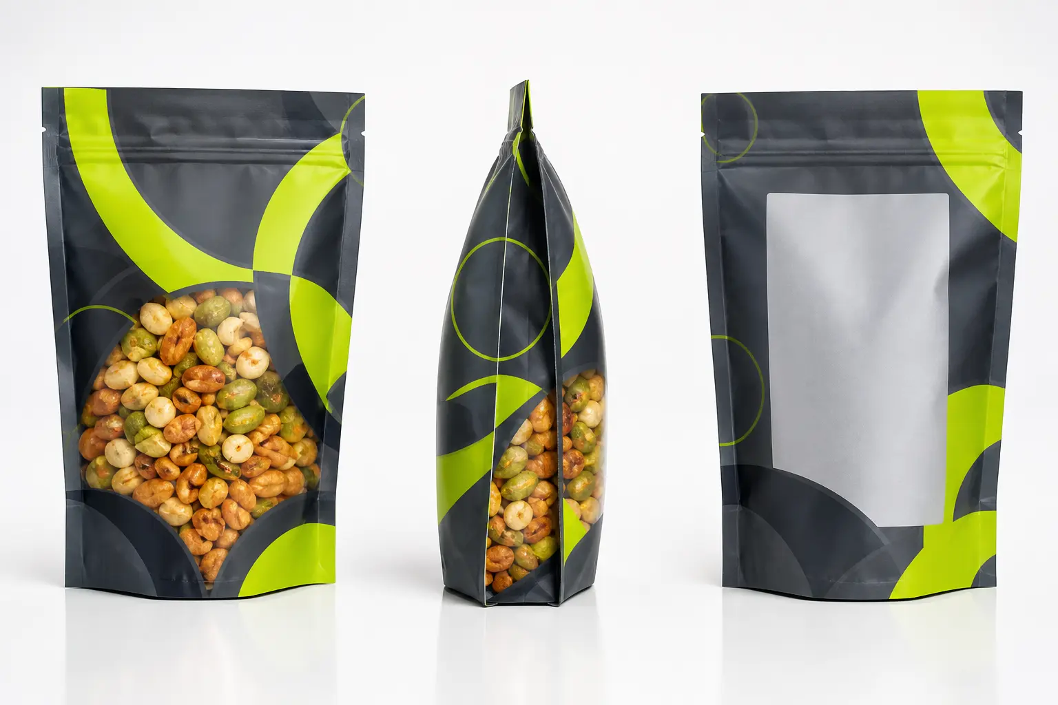 Filled snack pouches compared flat and standing for barcode-area stability