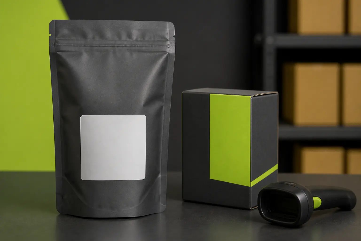 Snack pouch beside retail carton and handheld scanner during packaging inspection