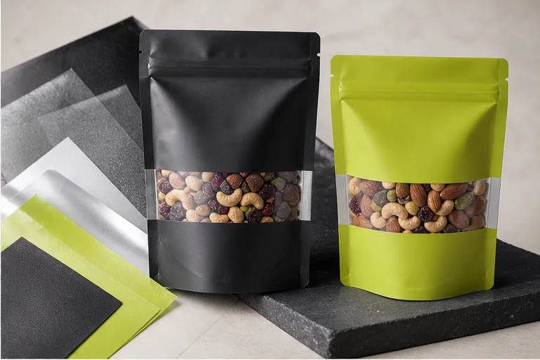 Opaque high barrier and clear window nut pouches compared with material layers