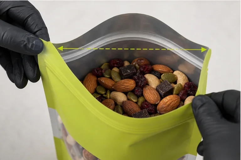 Wide nut pouch opening with clean zipper track and measured grip area