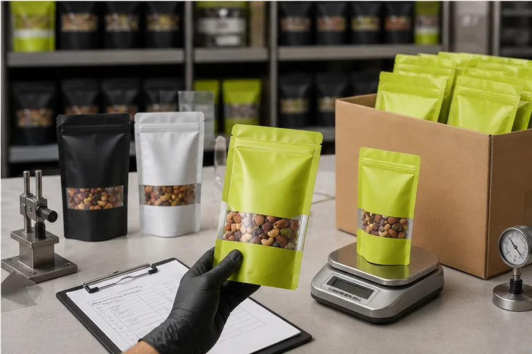 Filled trail mix pouch samples undergoing seal case pack and shelf life review