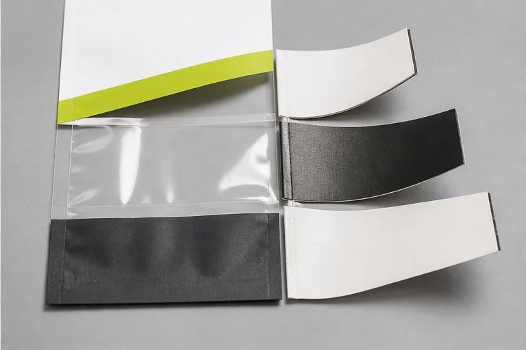 Cutaway of a windowed snack pouch showing transparent and opaque laminate zones