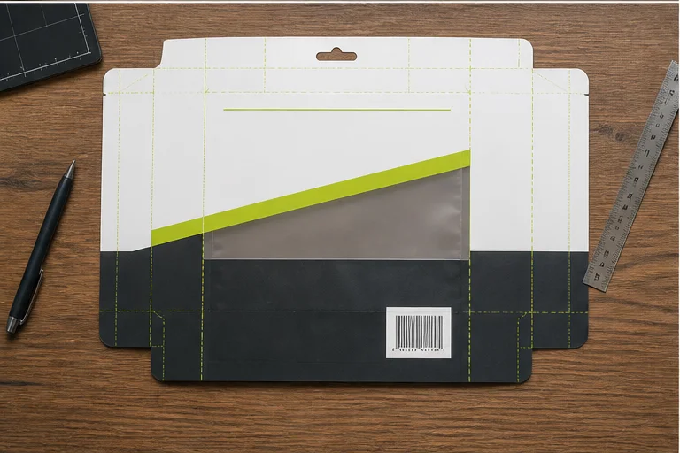 Snack pouch dieline showing clear window barcode zipper seals and safe artwork zones
