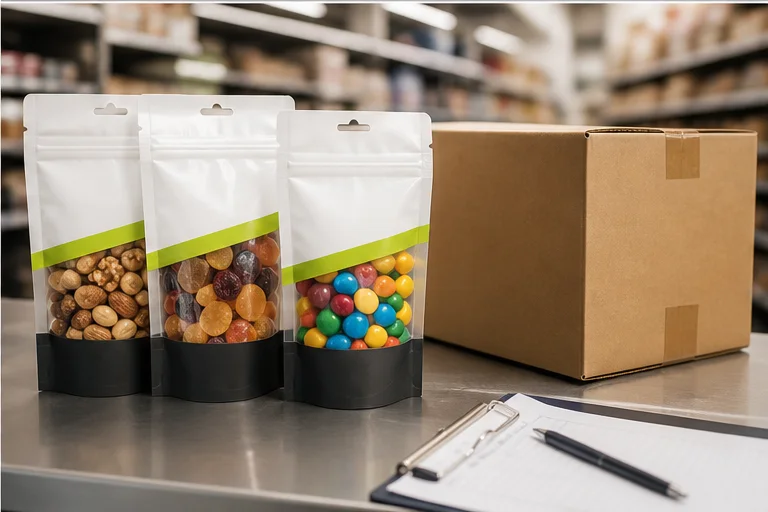 Windowed snack pouch approval samples under retail light and shipping review