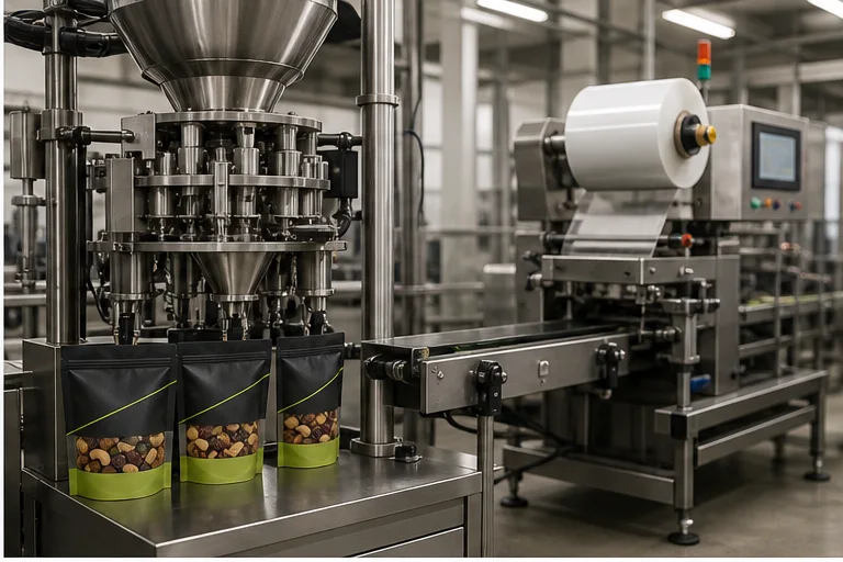 Snack packaging line comparing premade pouch filling and horizontal form fill sealing