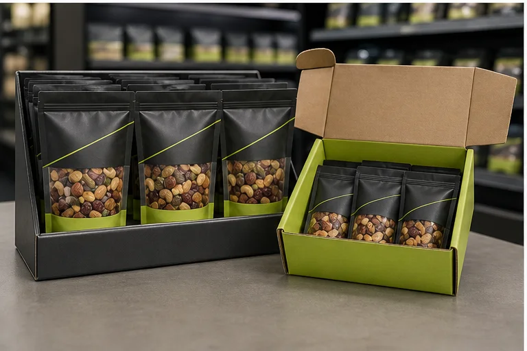 Snack packs tested in retail shelf tray and ecommerce shipping carton