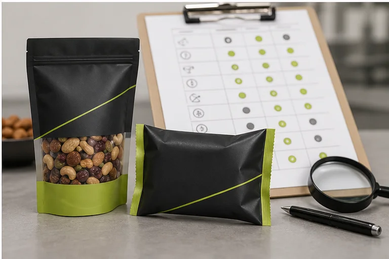 Packaging format scorecard beside filled stand up pouch and pillow bag samples