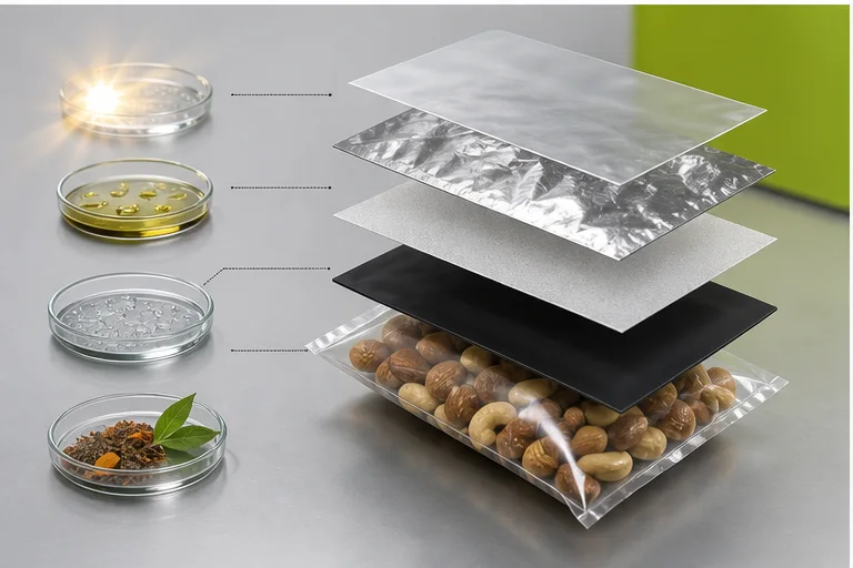 Snack pouch laminate layers protecting nuts from light grease moisture and aroma loss