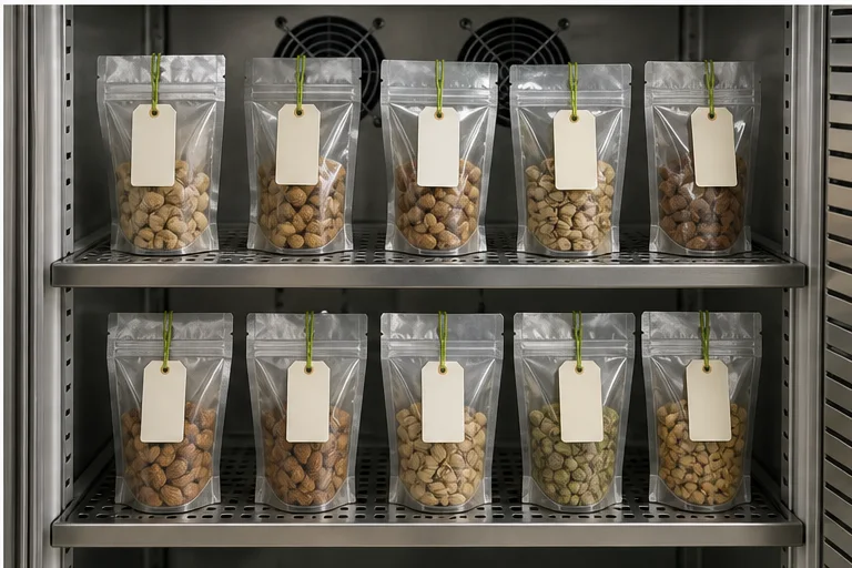 Dated snack pouch shelf life samples arranged for filled pack evaluation