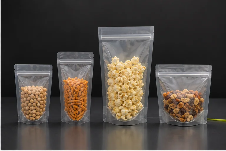 Filled snack pouches showing different widths heights and bottom gussets