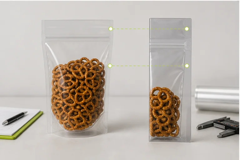 Snack pouch cutaway showing product fill line zipper and top seal clearance