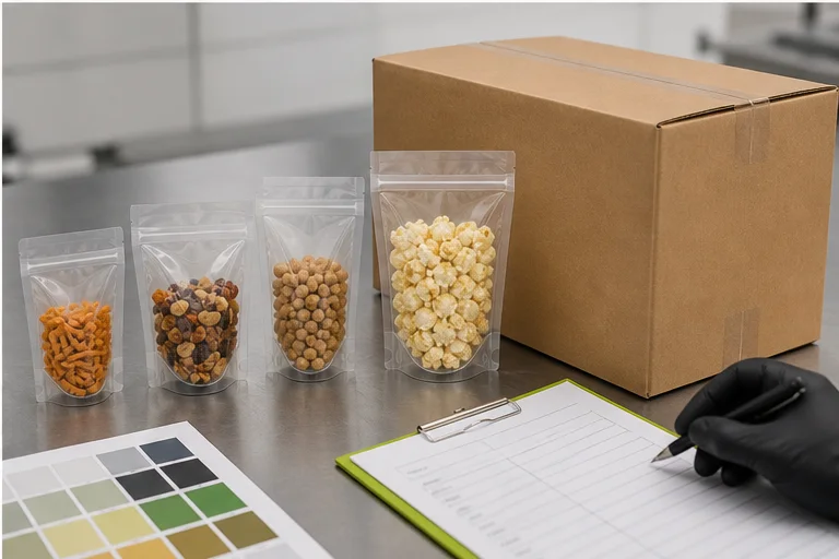 Snack pouch approval table with filled samples shipping case and inspection notes
