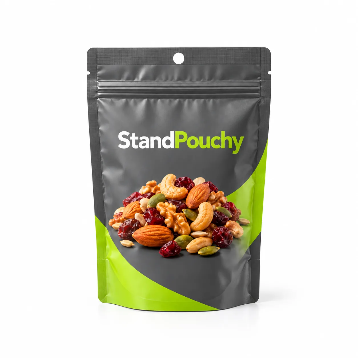 Charcoal and lime conventional StandPouchy snack pouch with a round hang hole above the zipper on white