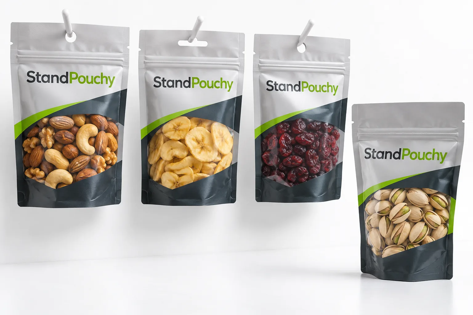 Round and slot-hole snack pouches on white display hooks beside a shelf-standing pouch