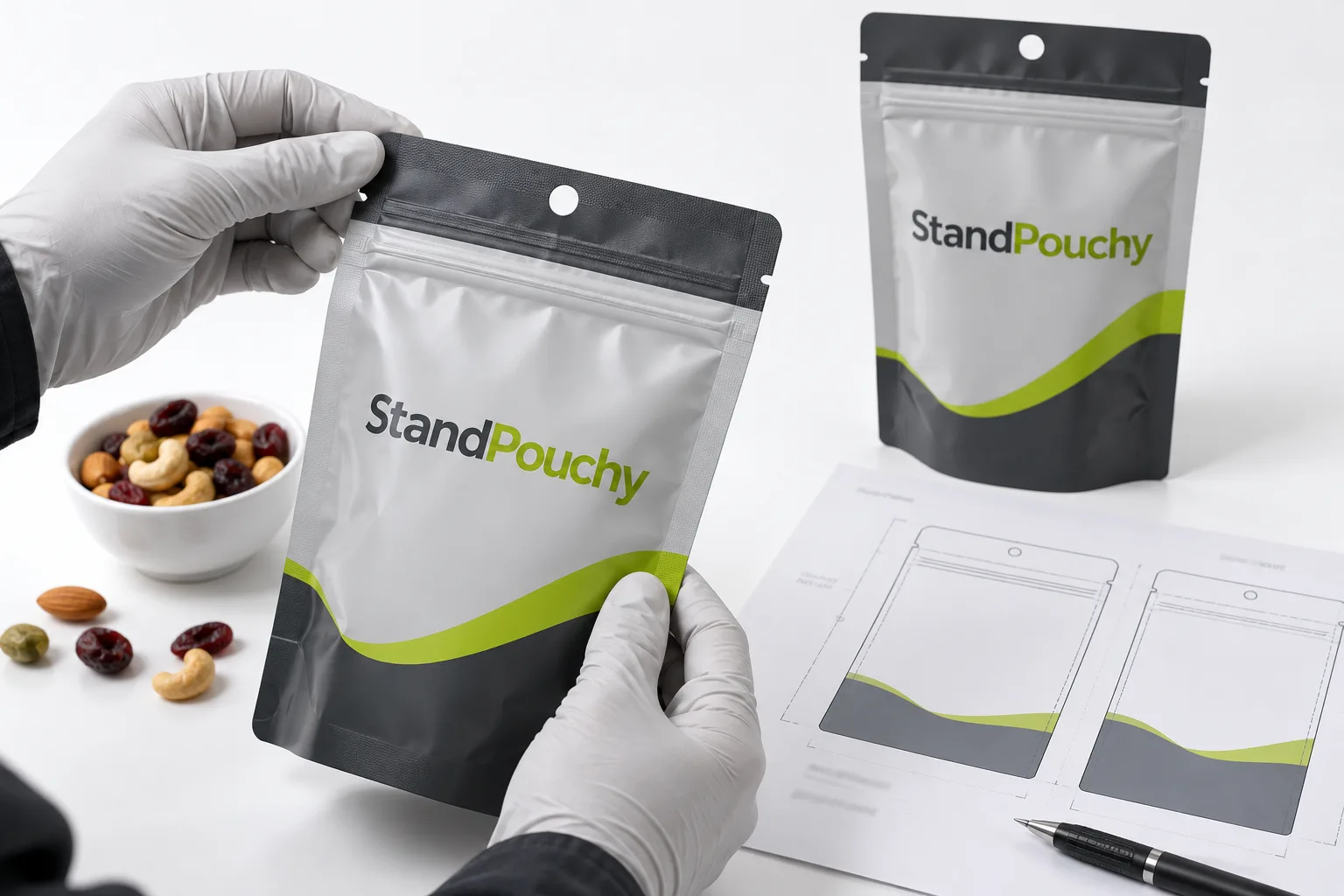 Gloved hands inspecting a round-hole pouch header beside a matching pouch dieline