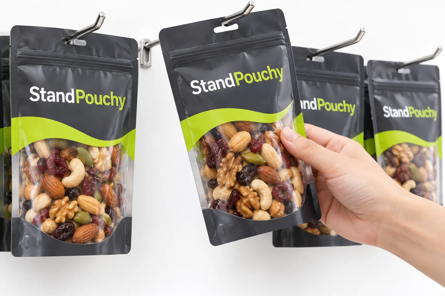 A buyer lifting a filled trail-mix pouch from a metal retail hook while comparing hanging samples