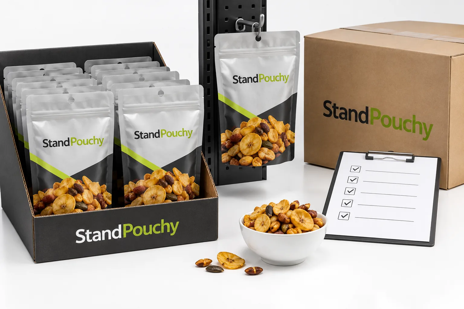 Round-hole snack pouches in a retail tray beside a hanging sample, shipping carton, and checklist