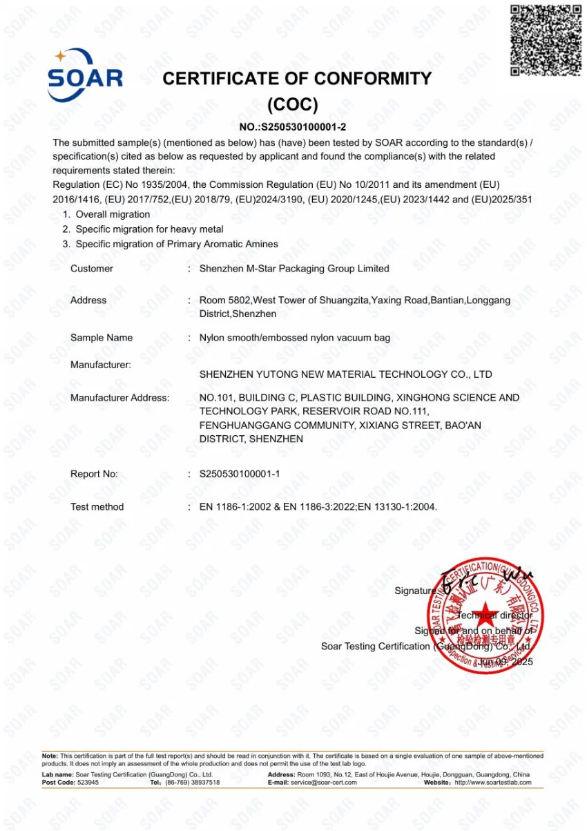 First page preview of EU Food-Contact Certificate of Conformity S250530100001-2
