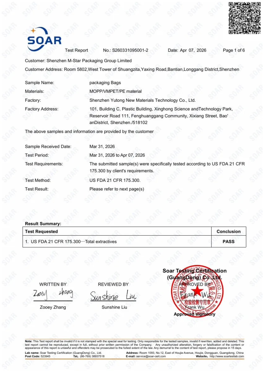 First page preview of US FDA 21 CFR 175.300 Extractives Test S260331095001-2