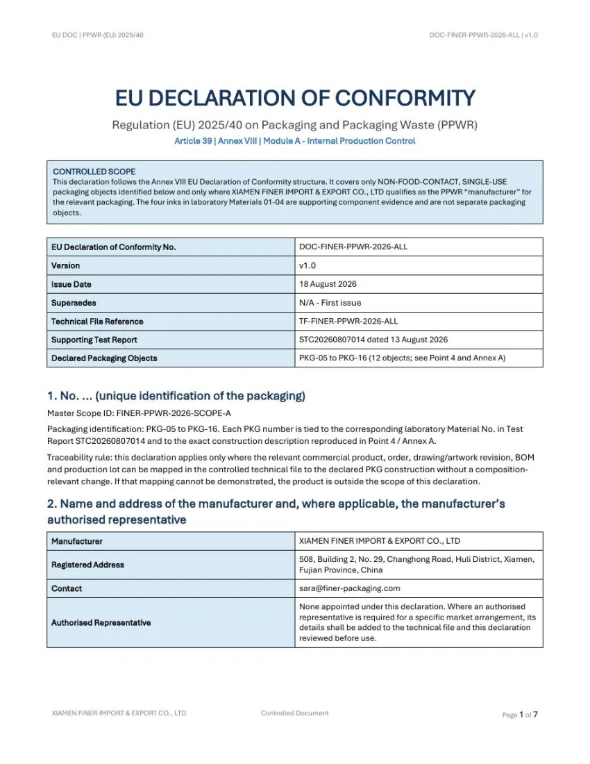 First page preview of PPWR EU Declaration of Conformity DOC-FINER-PPWR-2026-ALL v1.0